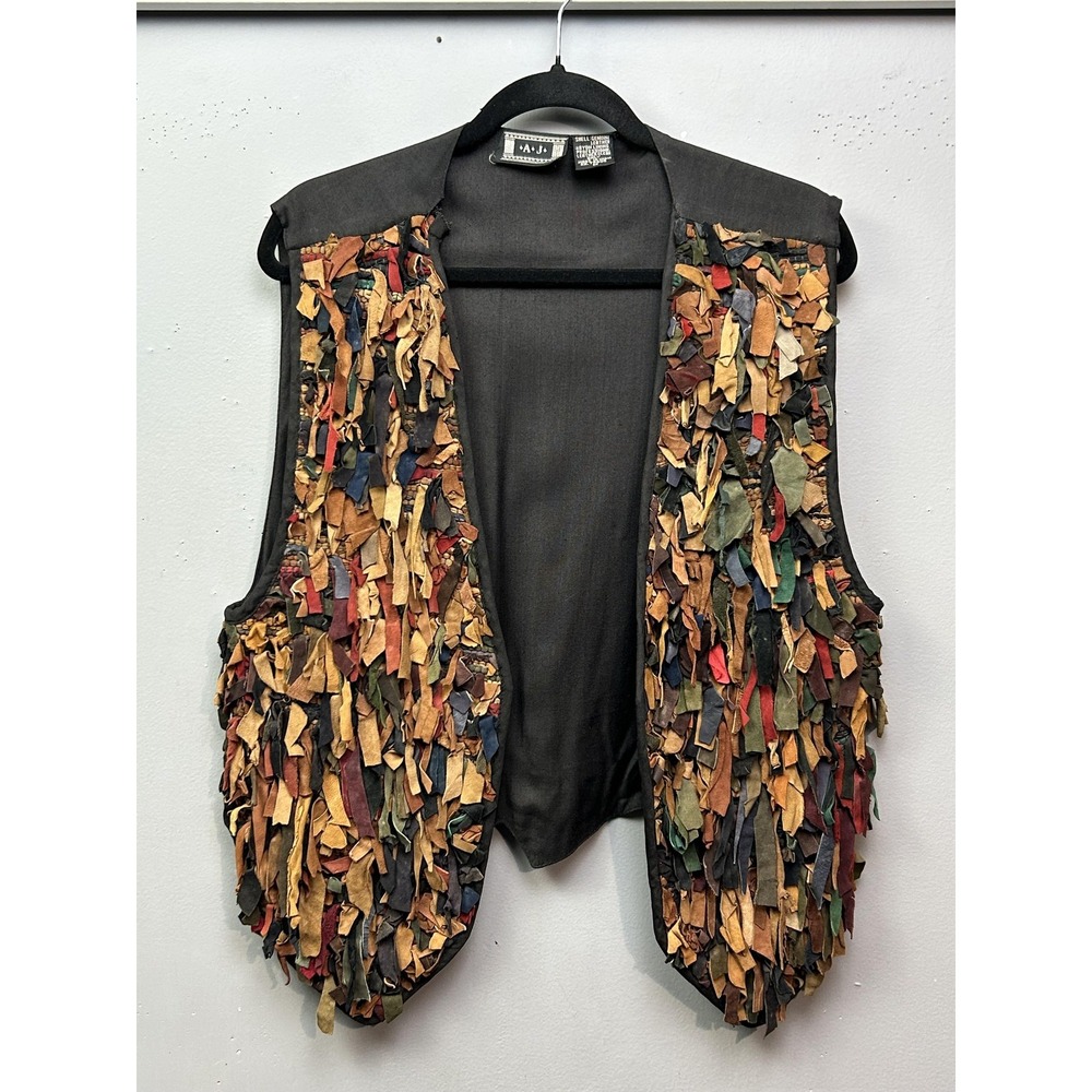 A J Vest Womens Medium Black Multicolor‎ Leather Shag Patchwork Boho India